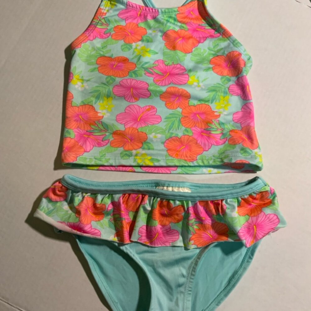 Bobbie Brooks Girls Medium‎ 7/8 2 PC Teal Pink Tropical Flowers Tankini Swimsuit